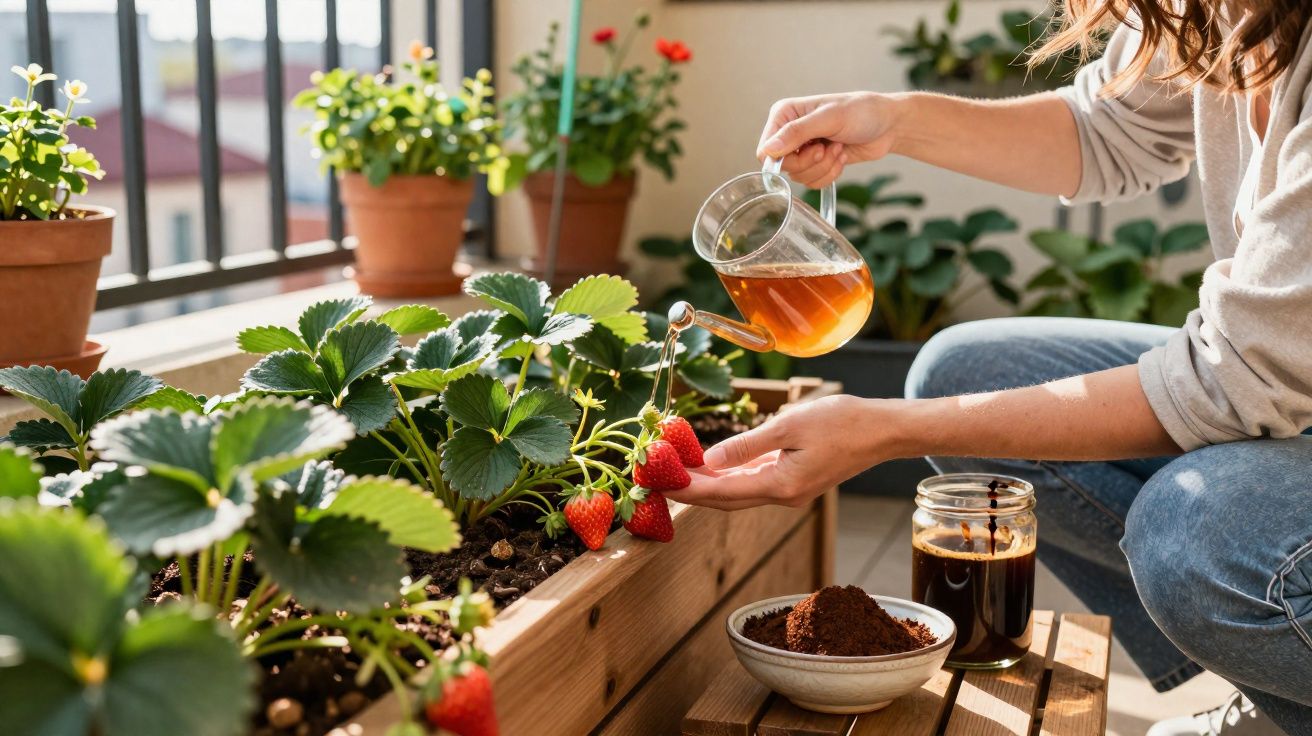 Pessoa regando plantas de morango cultivadas em canteiro de madeira em varanda ensolarada.