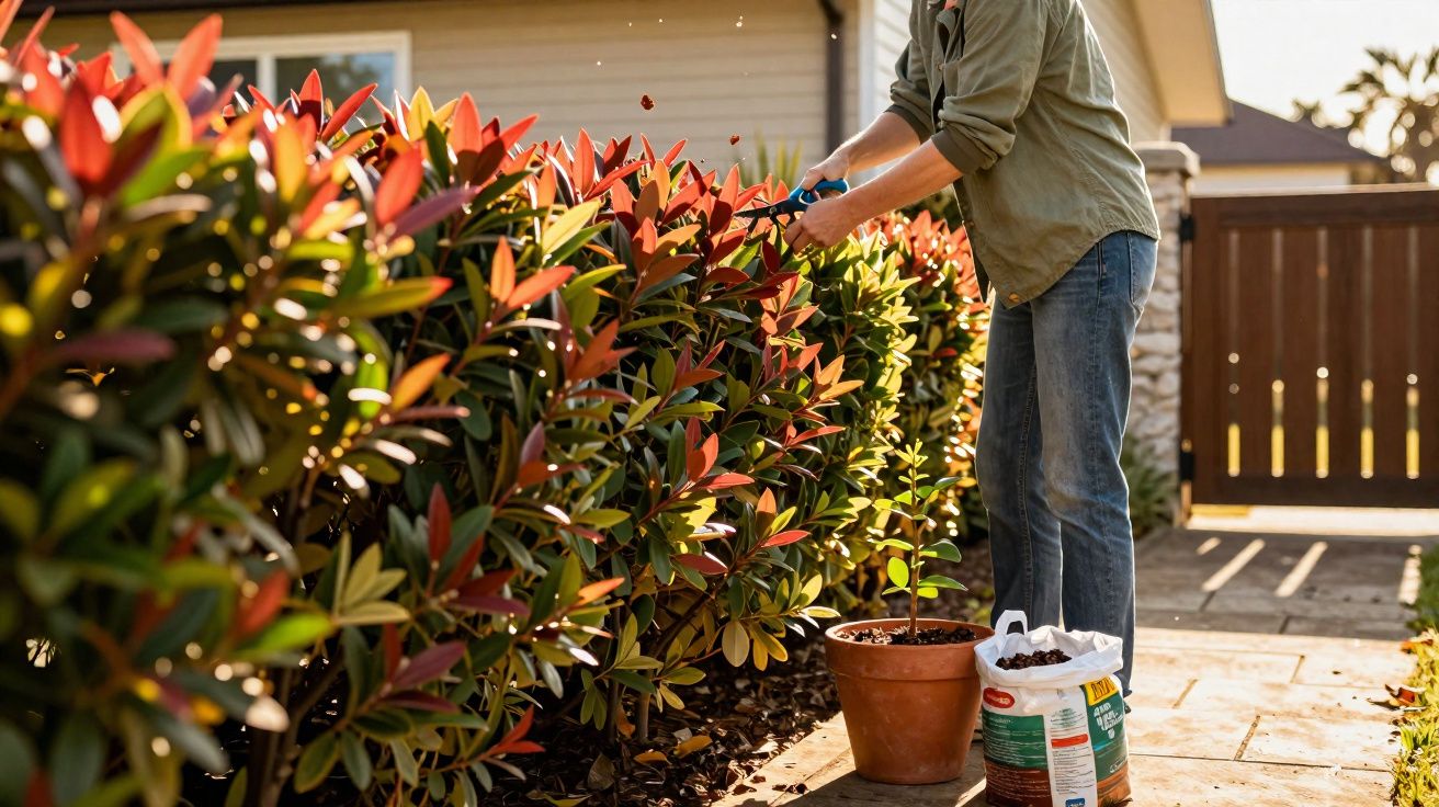 Pessoa cuidando de planta em vaso ao lado de sebe com folhas verdes e vermelhas em área externa residencial.