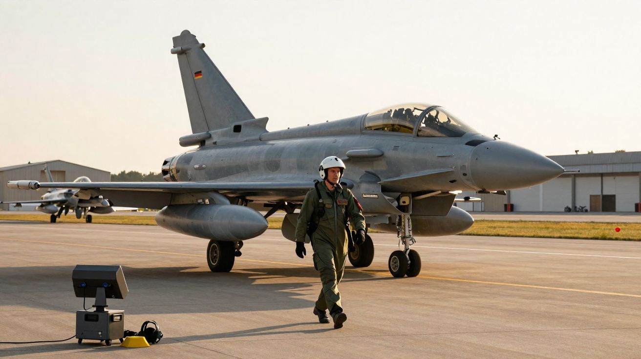 Avião de caça cinza estacionado em pista com piloto caminhando ao redor durante o dia.
