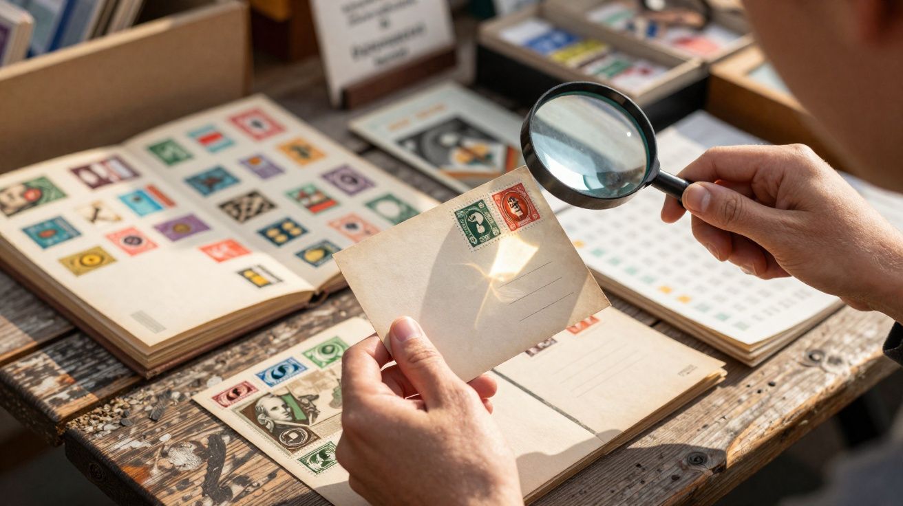 Pessoa examinando selo postal com lupa em envelope, com álbuns de selos ao fundo sobre mesa de madeira.