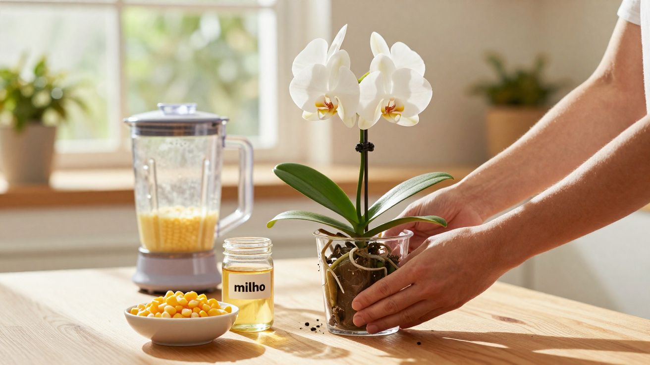 Mãos segurando orquídea branca em vaso transparente com milho em prato, frasco e liquidificador ao fundo.