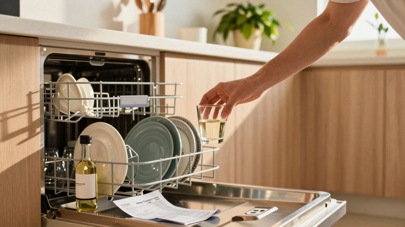 Mão colocando copo com líquido em lava-louças aberto com pratos e garrafa em cozinha clara.