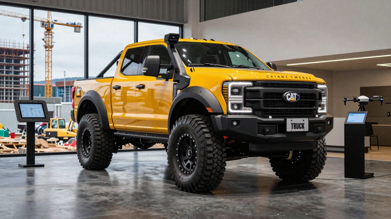 Picape amarela robusta exibida em ambiente interno com piso de concreto e janelas grandes ao fundo.