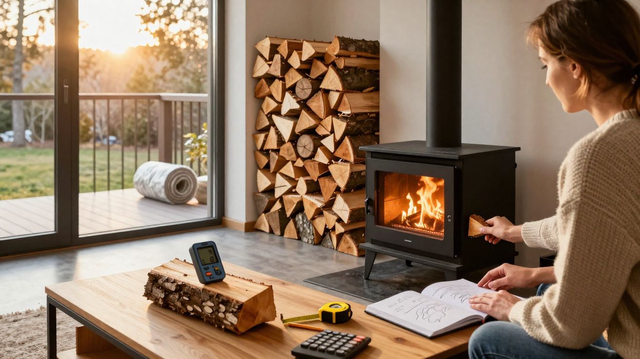 Mulher alimenta lareira a lenha em ambiente aconchegante com mesa, livros e vista para área externa.