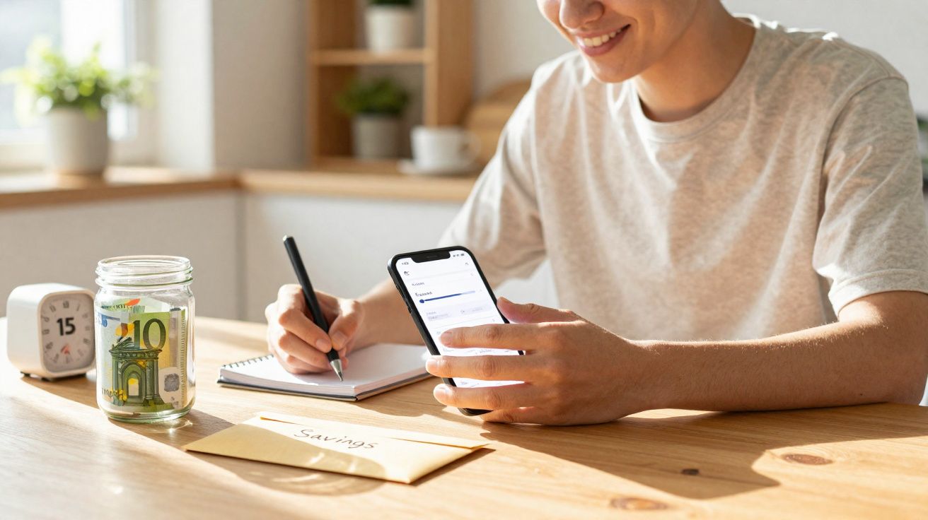 Pessoa usando celular e anotando em caderno, com pote de dinheiro e envelope labeled "Savings" sobre mesa clara.