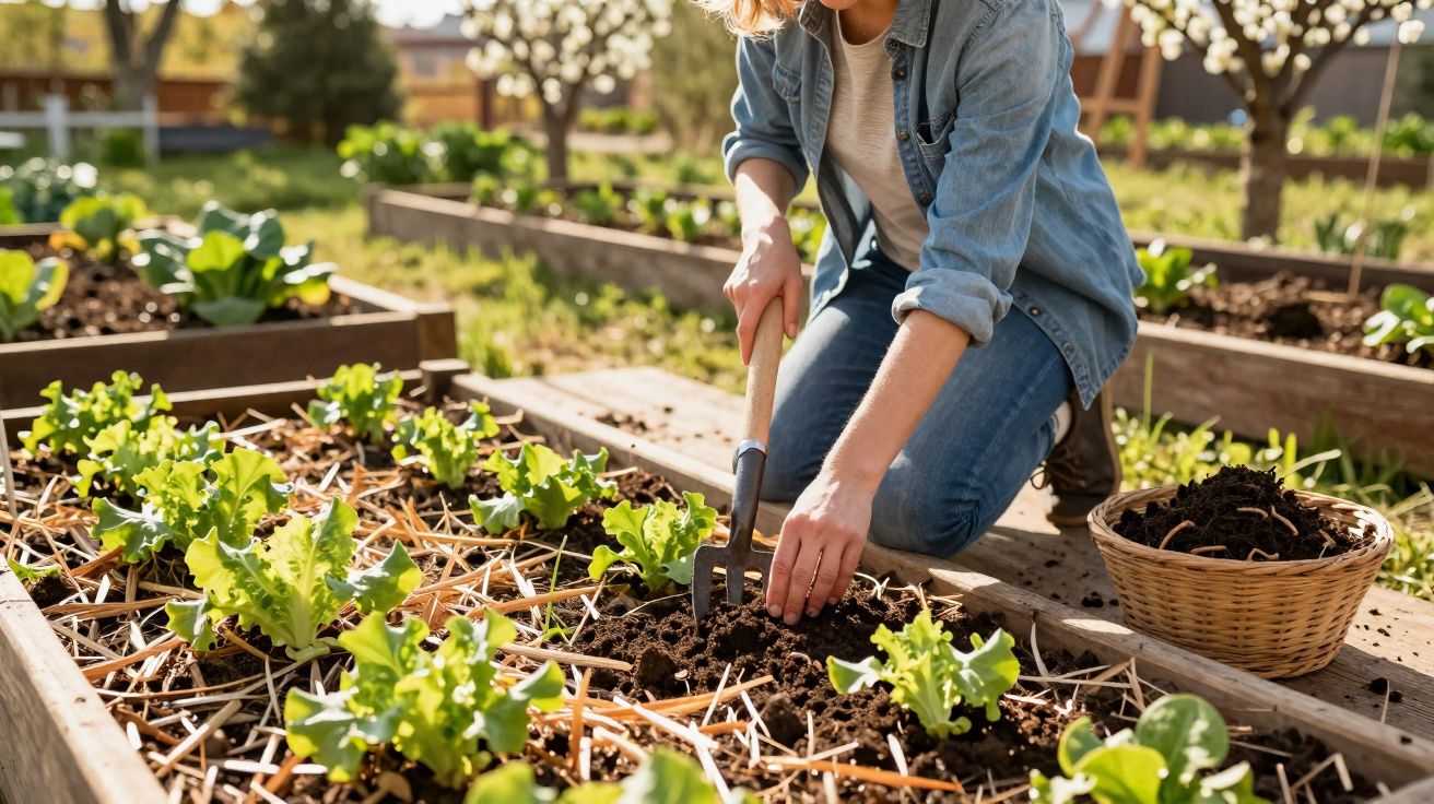 Pessoa cuidando da horta urbana, mexendo a terra ao redor das plantas de alface em canteiros elevados.