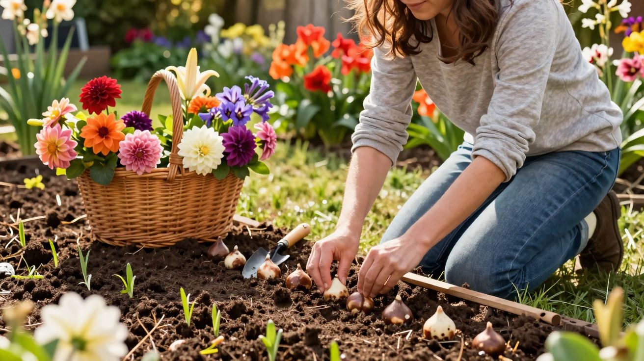 Mulher plantando bulbos de flores em jardim ao lado de cesta com flores coloridas.