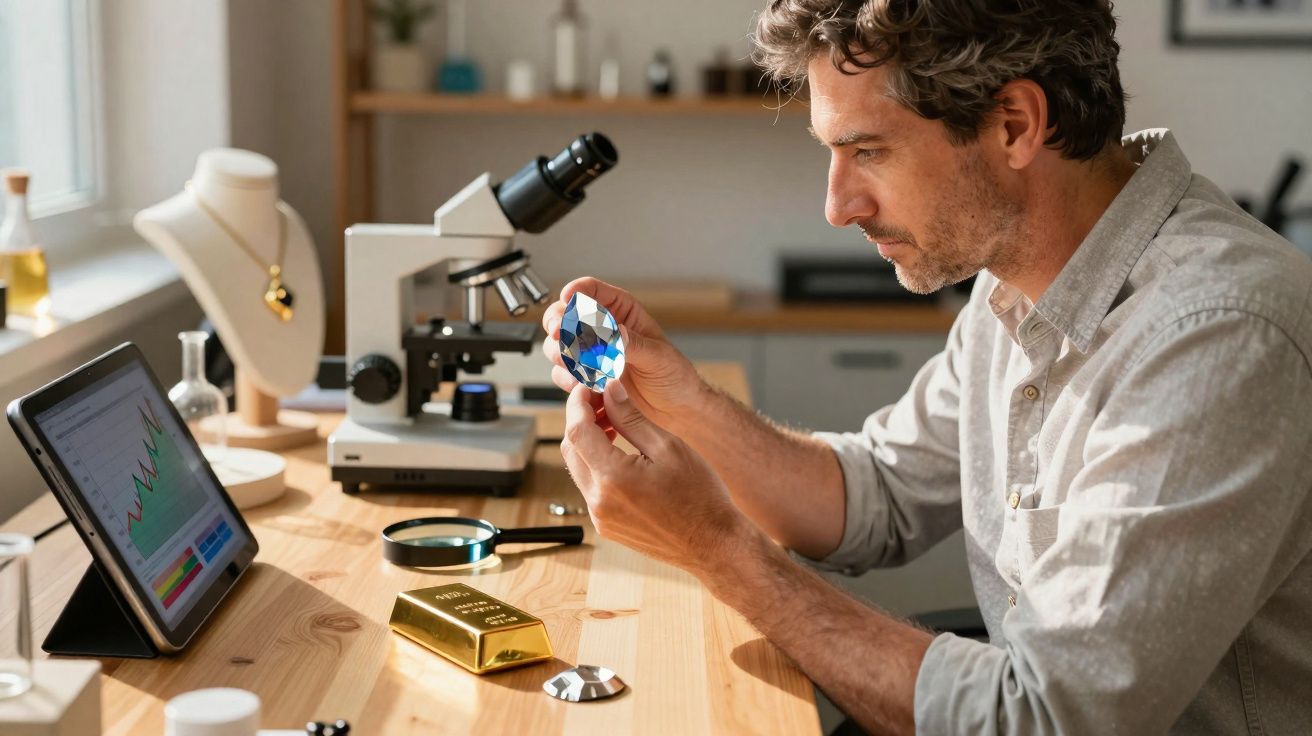 Homem analisa pedra preciosa azul grande em laboratório com lupa, microscópio e gráfico no tablet.