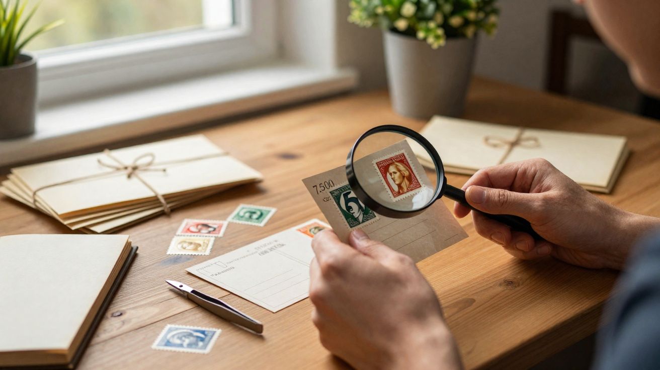 Pessoa segurando uma lupa para examinar um selo postal antigo em uma mesa com envelopes e mais selos.
