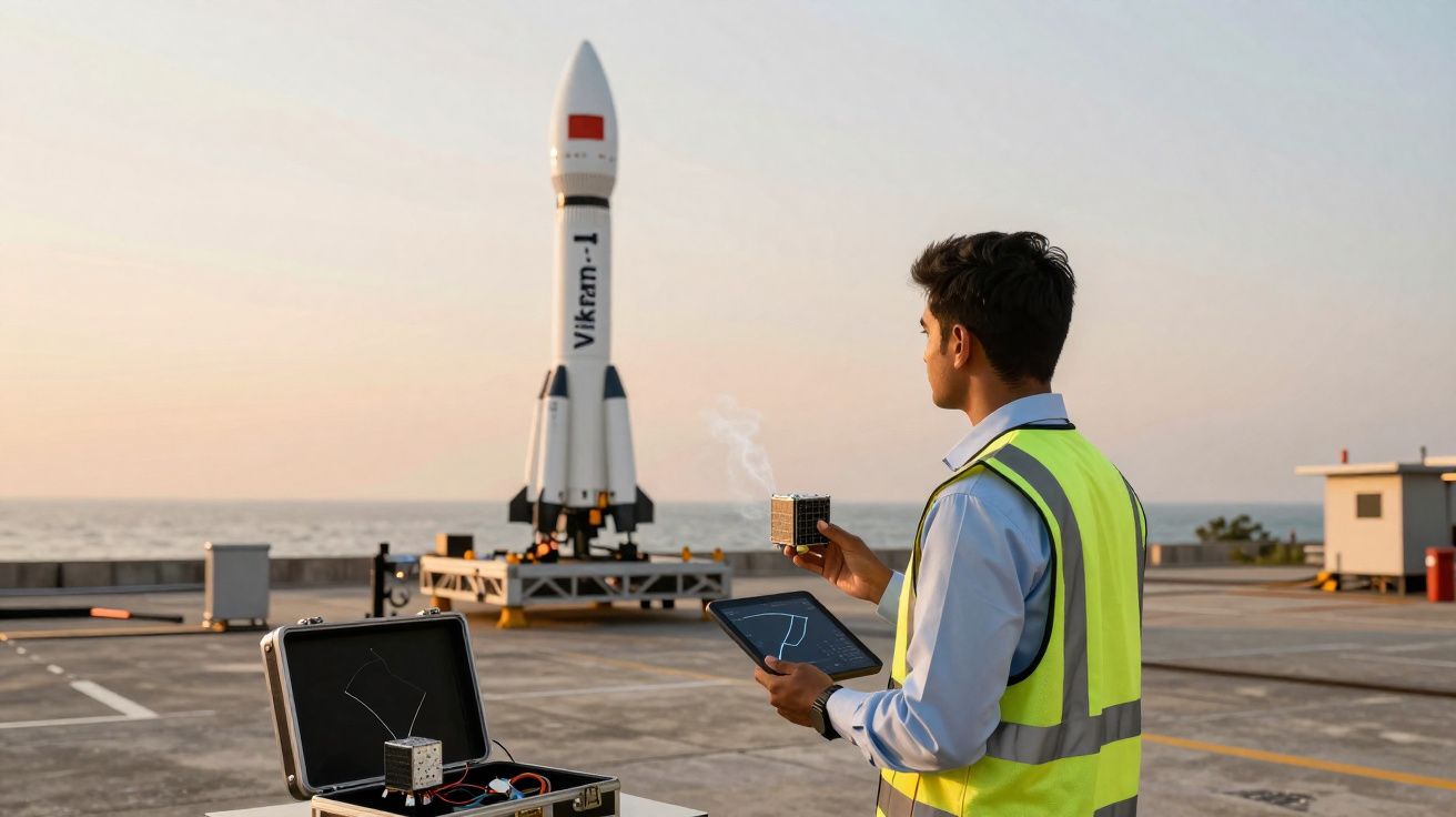 Homem com colete amarelo observa um foguete Vikram-1 branco em plataforma de lançamento perto do mar.