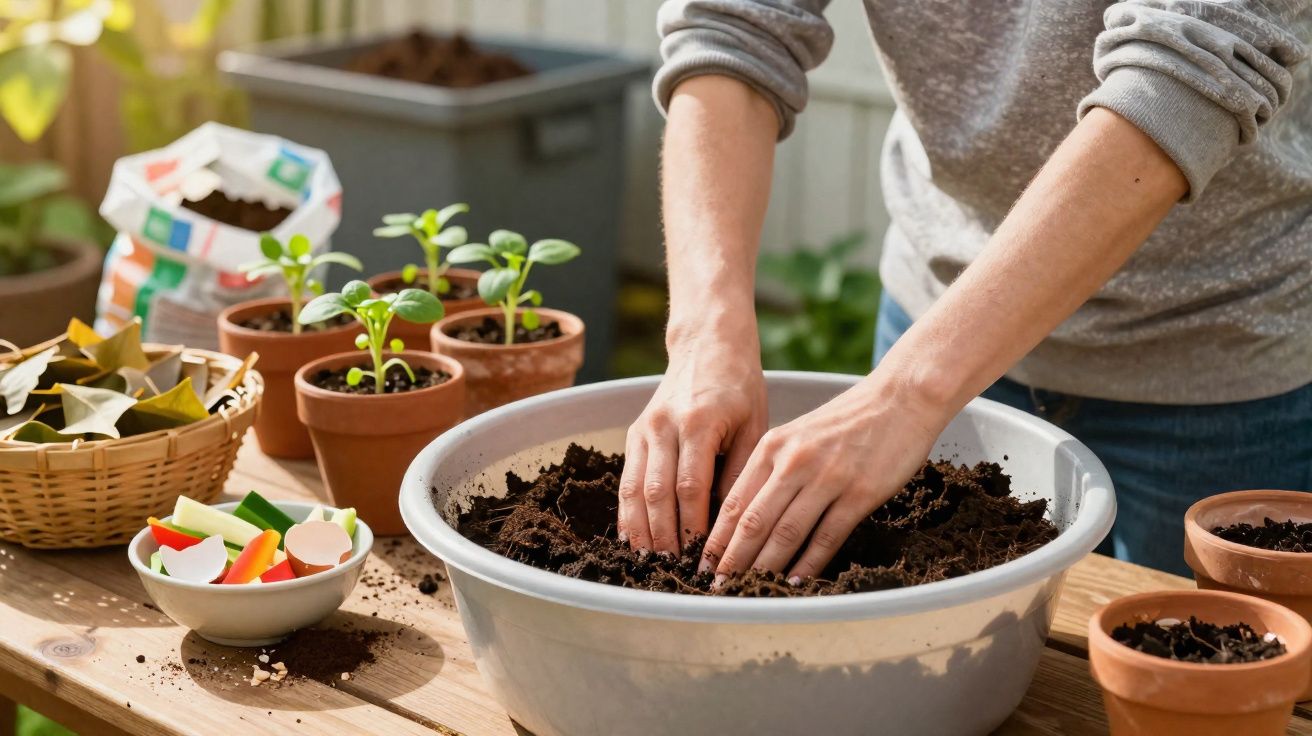 Pessoa preparando terra em recipiente para plantar mudas em ambiente interno iluminado pela luz do sol.