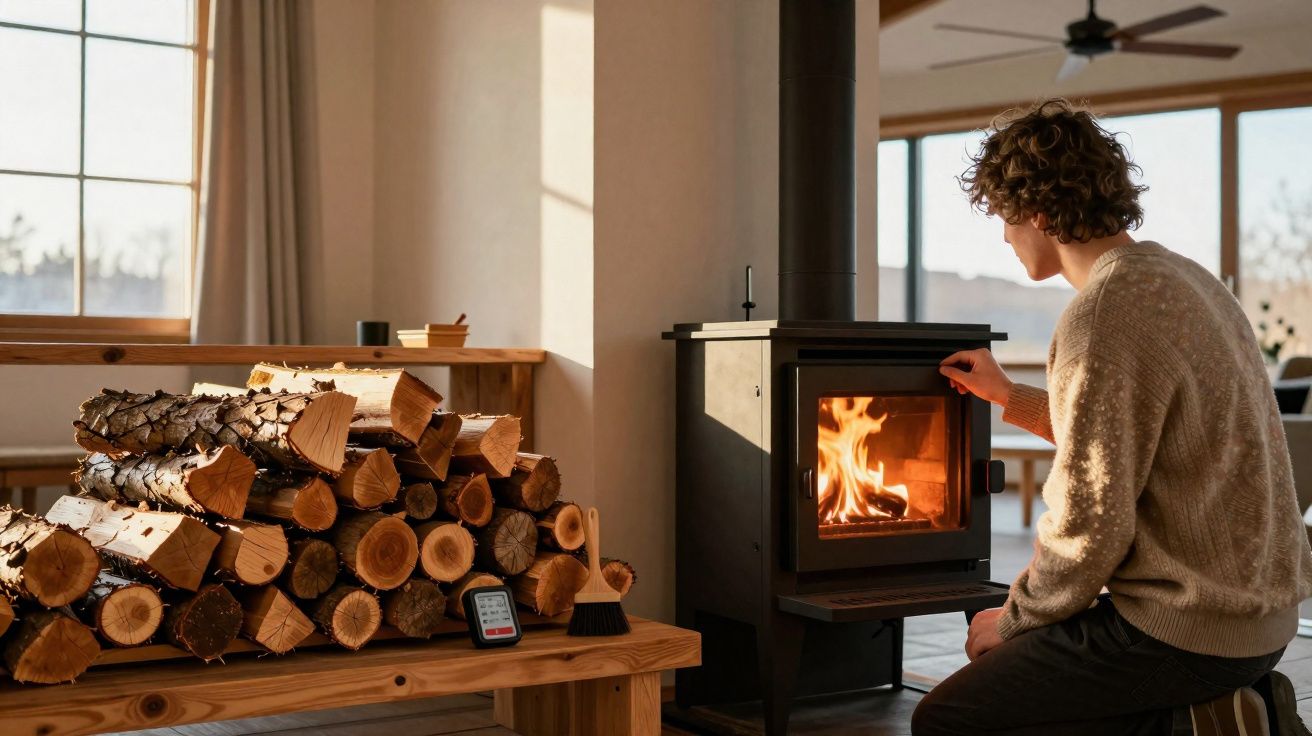 Pessoa acendendo lareira em sala com madeira empilhada e lareira acesa.