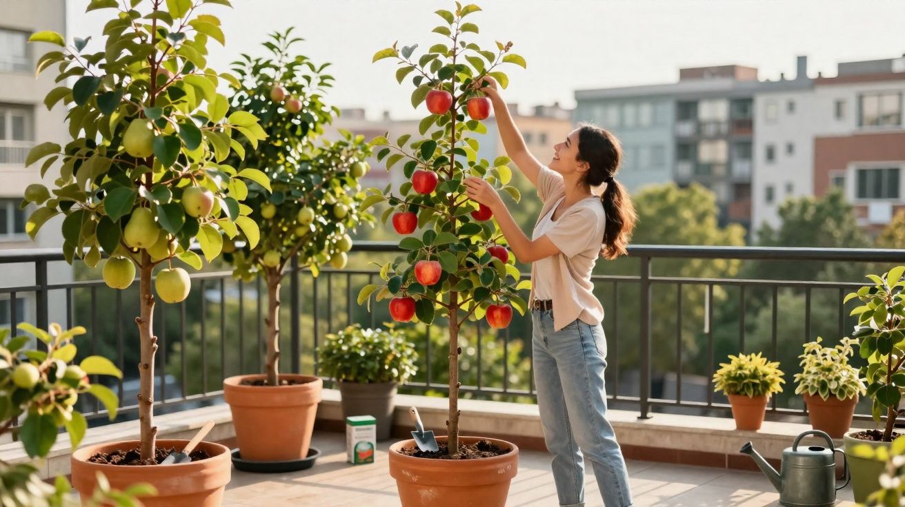 Mulher colhendo maçãs em árvore frutífera em vaso na varanda de apartamento durante o dia.