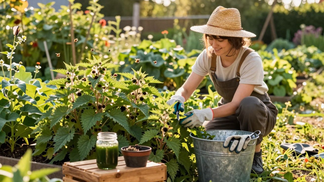 Mulher com chapéu cuidando do jardim, colhendo ervas em canteiros ensolarados.
