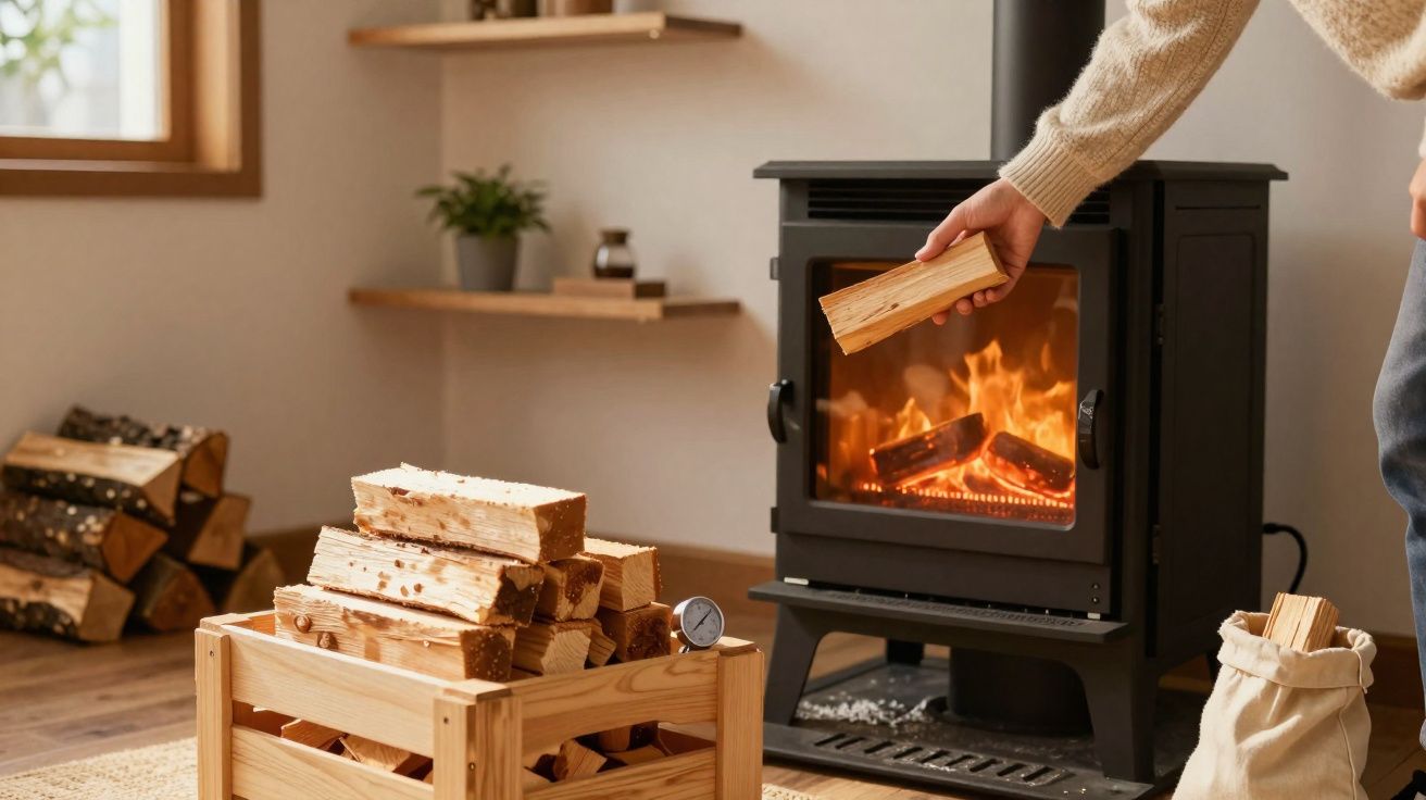 Pessoa colocando lenha em lareira preta em sala aconchegante com suporte e caixa de madeira para lenha.