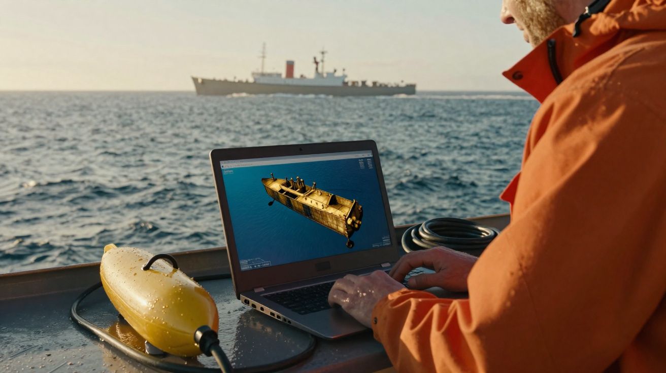 Pessoa vestindo jaqueta laranja operando laptop com modelo 3D de submarino amarelo no mar, navio ao fundo.