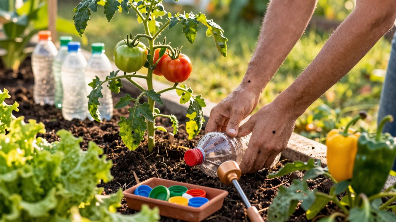 Pessoa regando planta de tomate em horta com garrafa PET reutilizada e vasos ao redor.