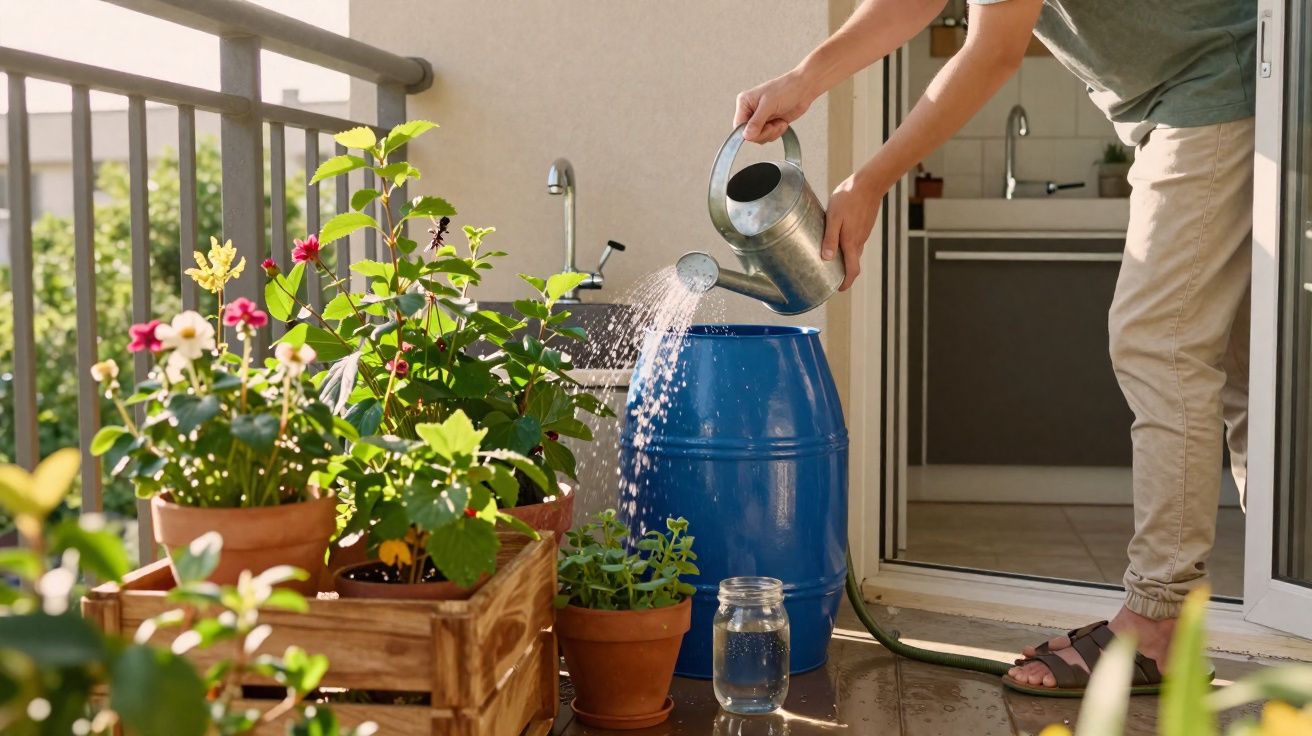 Pessoa regando plantas em vasos no jardim de varanda com regador de metal.