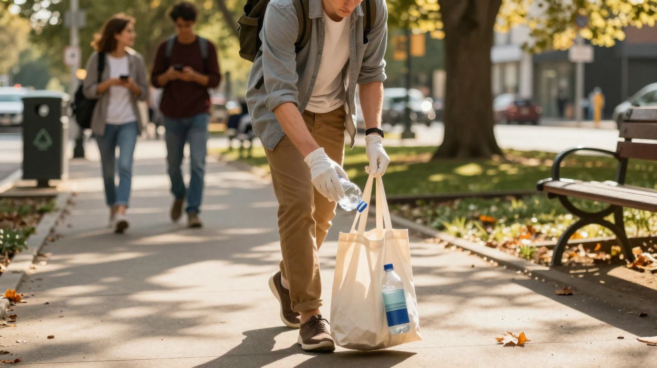 Pessoa com luvas coleta lixo plástico em sacola reutilizável em calçada de parque urbano durante o dia.