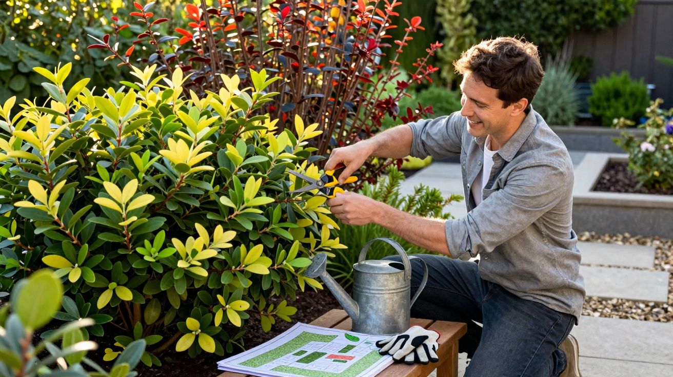Homem sorridente podando arbusto em jardim com regador e luvas sobre banco próximo.