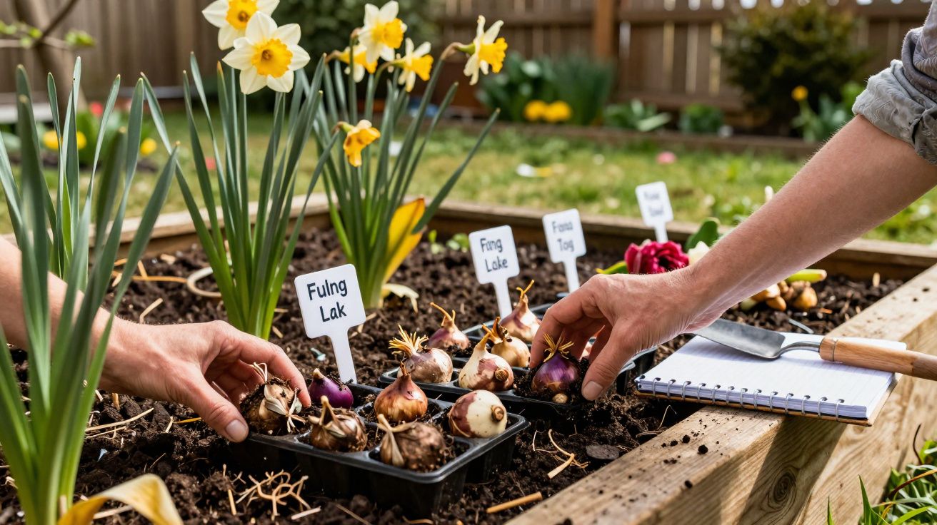 Mãos plantando bulbos de flores em canteiro de jardim com narcisos e plaquinhas identificadoras.