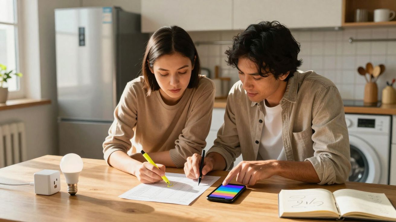 Casal jovem sentado à mesa revisando documentos com caneta e marca-texto em ambiente doméstico iluminado.