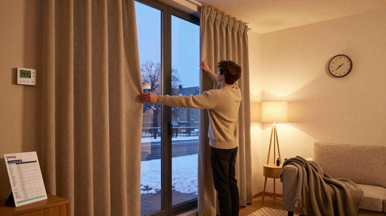 Pessoa abrindo cortina de janela grande em sala com decoração aconchegante e luz quente.