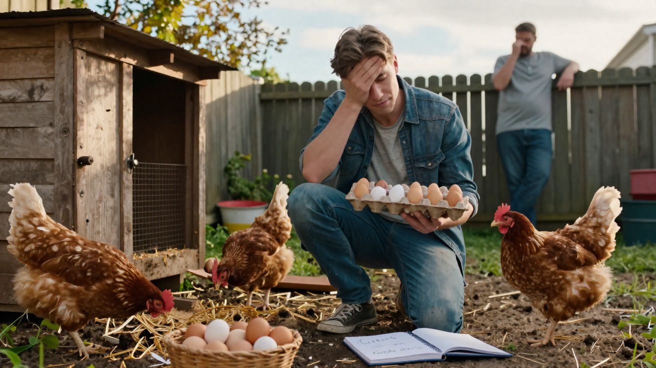 Homem agachado com bandeja de ovos, preocupado, ao lado de galinhas e ninho em quintal.