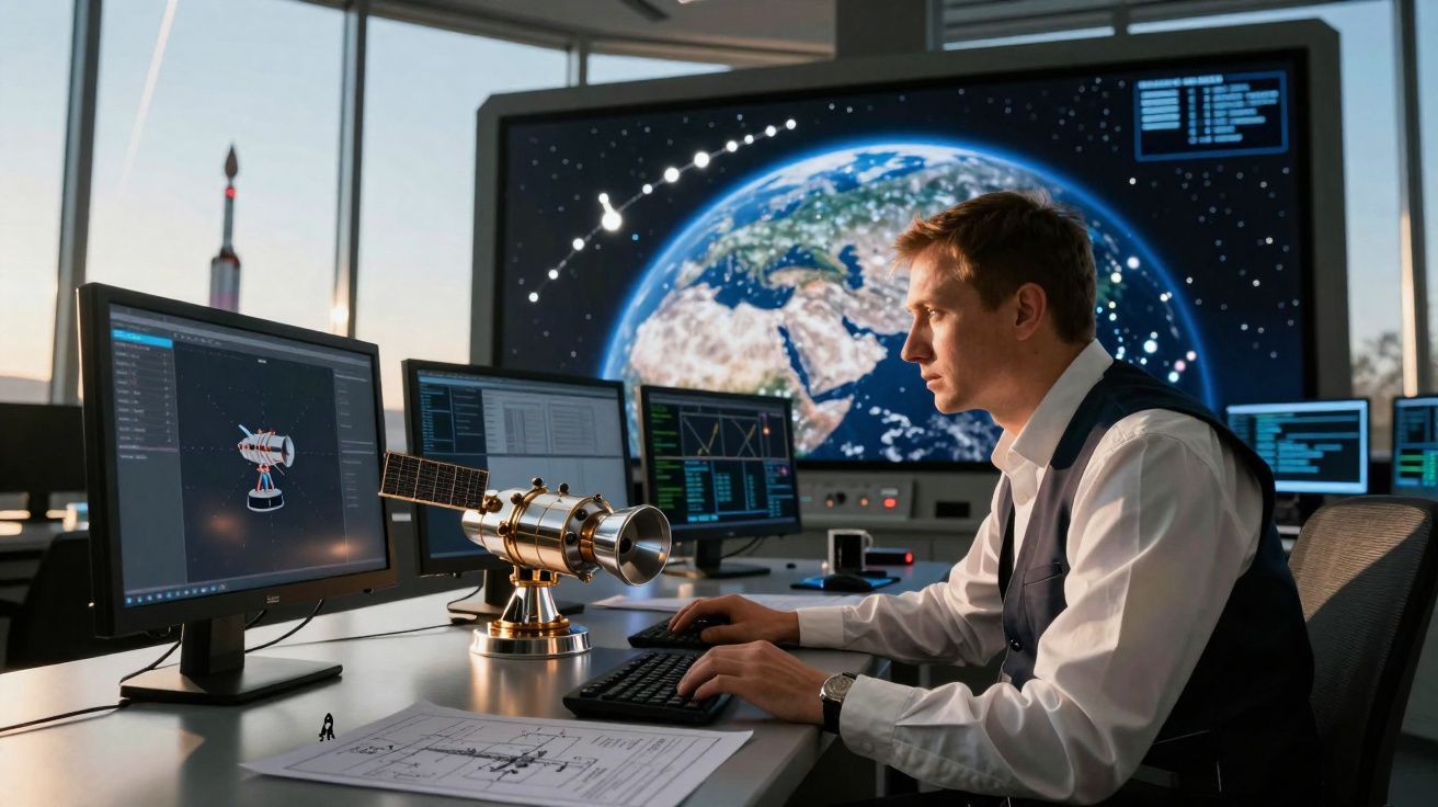 Homem trabalhando em estação espacial com múltiplos monitores e modelo de satélite ao fundo Terra digital.