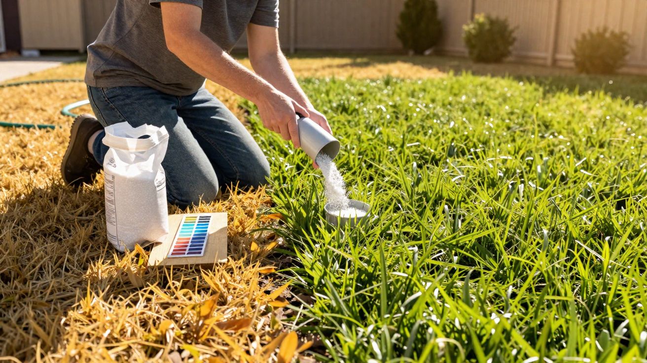 Pessoa aplicando fertilizante granulado em área com grama saudável e seca no quintal ensolarado.