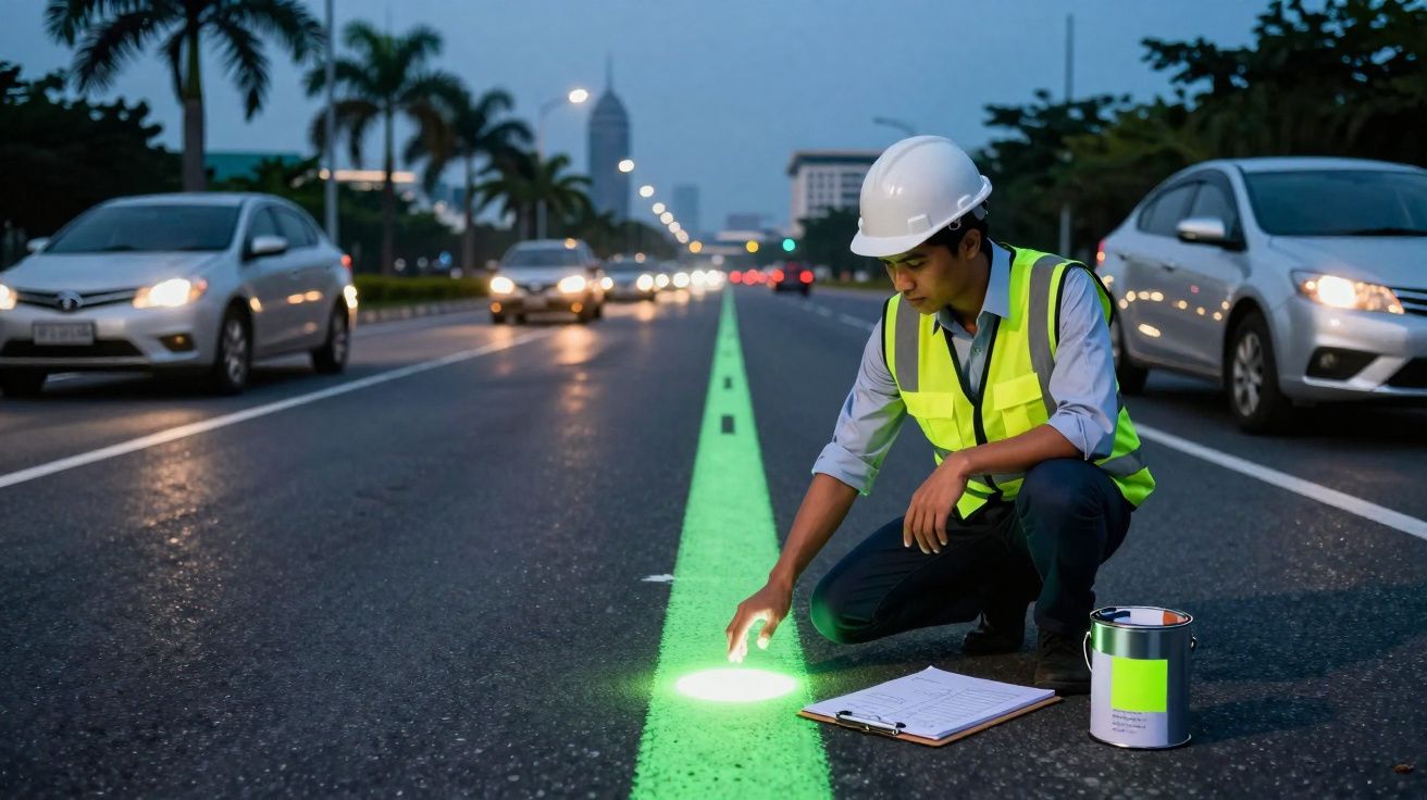 Homem de segurança usando capacete e colete amarelo verifica pintura de linha verde em estrada à noite.