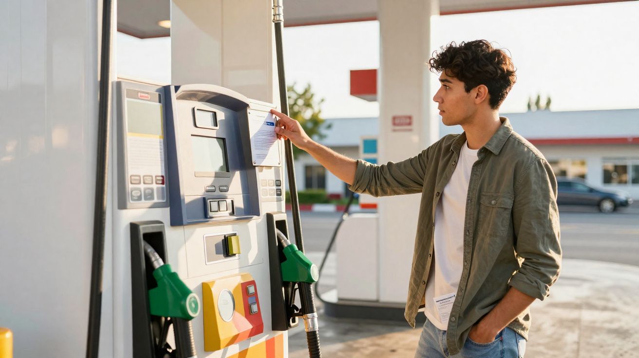 Jovem em posto de gasolina lê informação em bomba antes de abastecer o carro.
