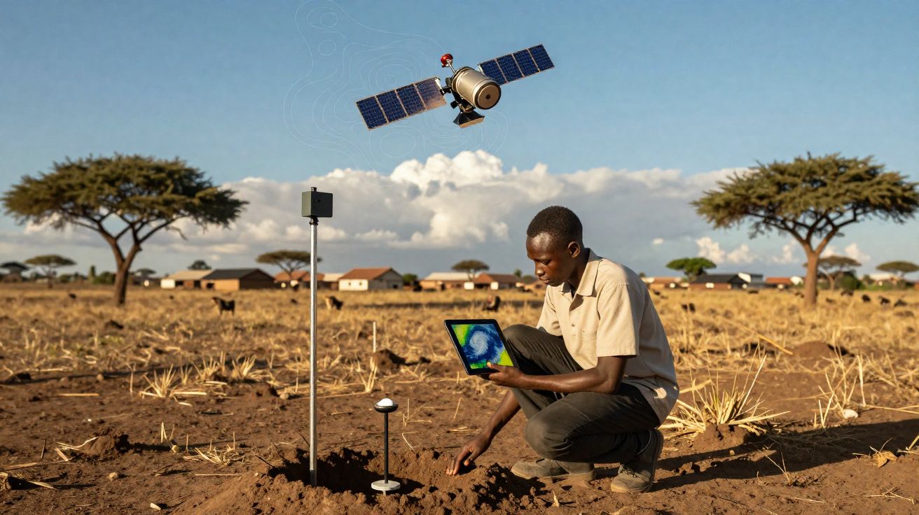 Homem africano usa tablet rural com estação meteorológica e satélite no céu em área seca com árvores e casas ao fundo.