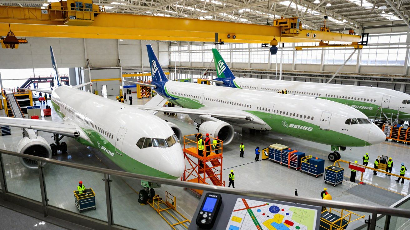 Interior de hangar com três aviões Boeing em manutenção e técnicos trabalhando ao redor das aeronaves.