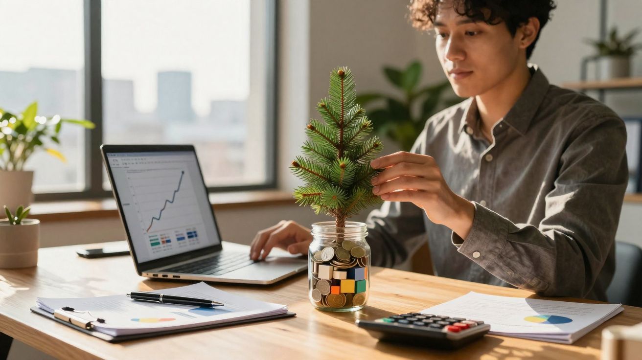 Pessoa segurando mini árvore em pote com moedas, laptop e calculadora em mesa de escritório.
