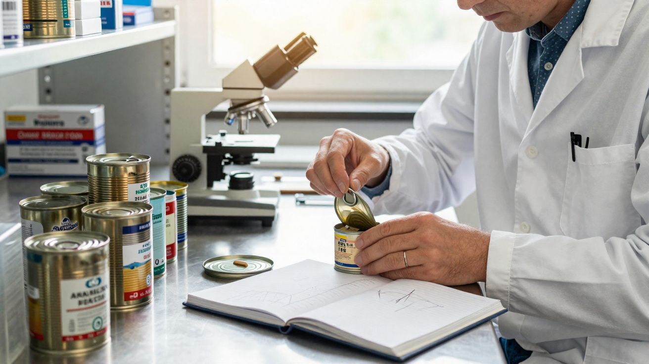 Pesquisador abre lata de alimento em laboratório com microscópio e caderno de anotações sobre a mesa.