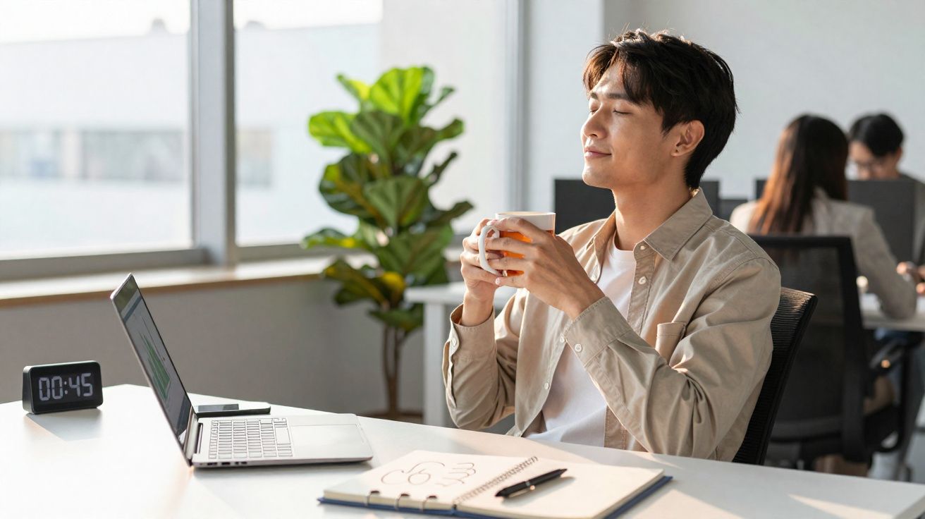 Homem relaxando e tomando café sentado em escritório moderno, com laptop e caderno na mesa.
