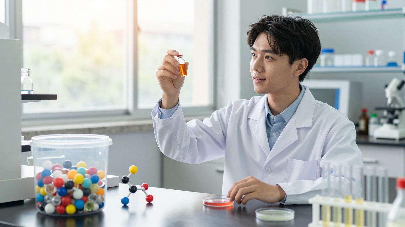 Homem jovem em jaleco segurando frasco com líquido laranja em laboratório moderno.