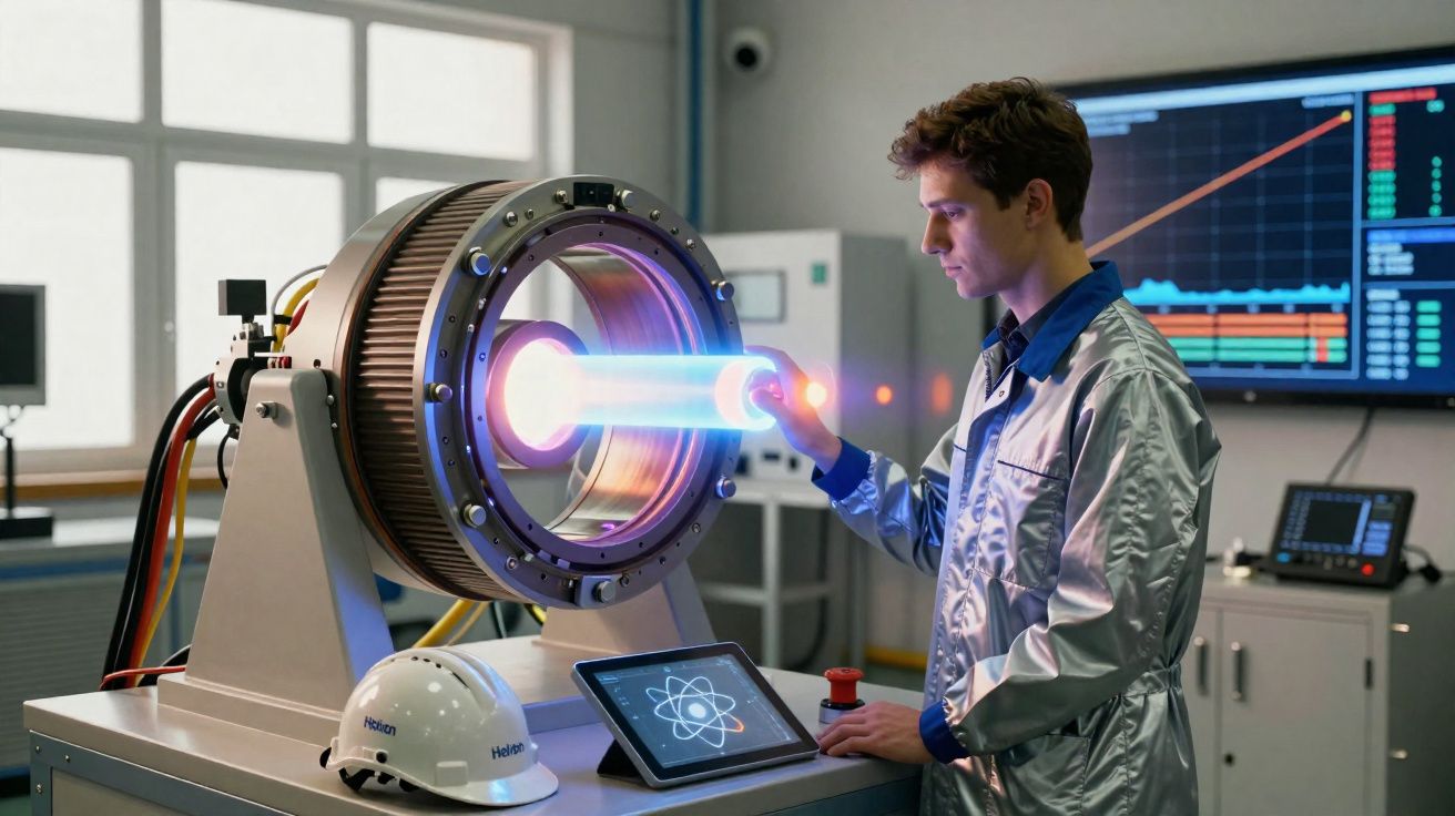 Cientista em laboratório operando equipamento com feixe de luz azul e telas de monitoramento ao fundo.