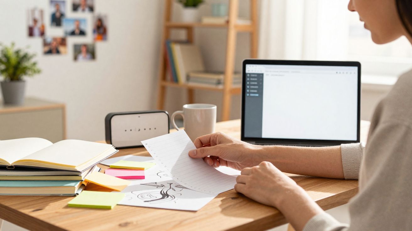 Pessoa revisando anotações em uma mesa com laptop, caderno, caneca e papéis desenhados à mão.