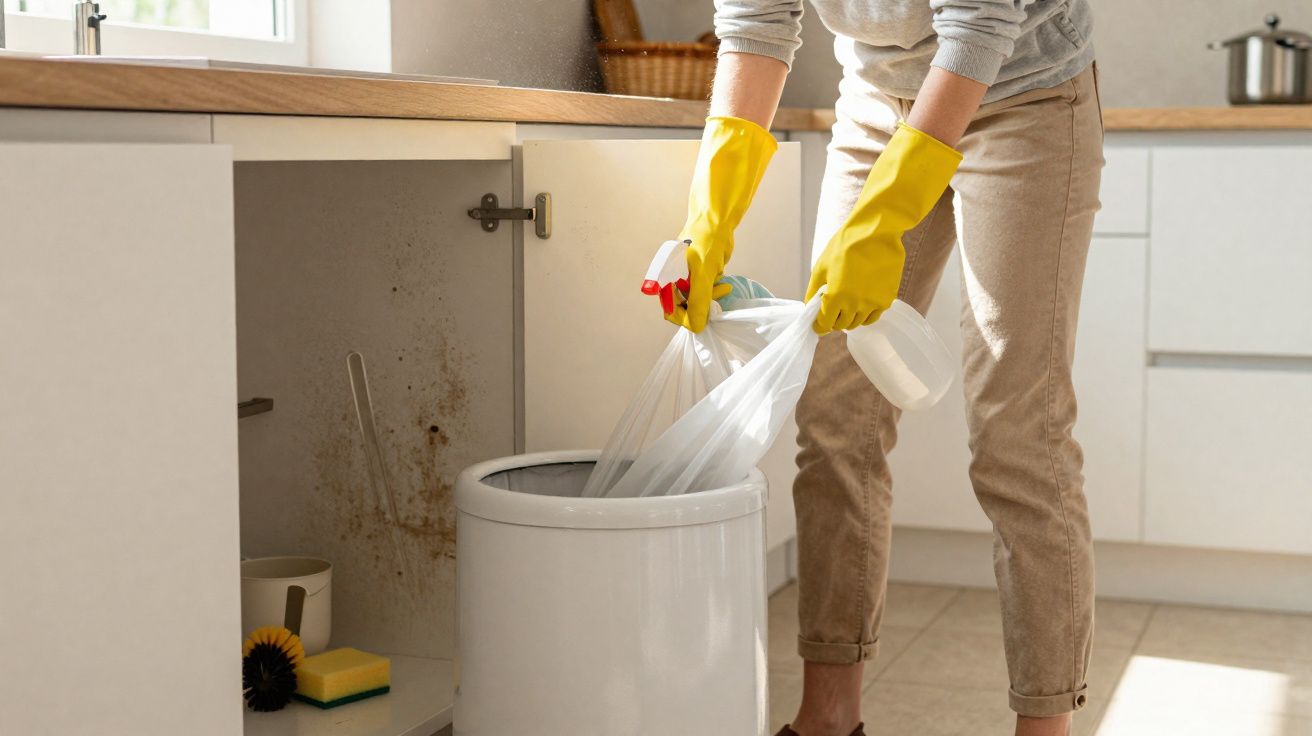 Pessoa com luvas amarelas jogando saco de lixo em lixeira na cozinha com armário aberto e sujeira.