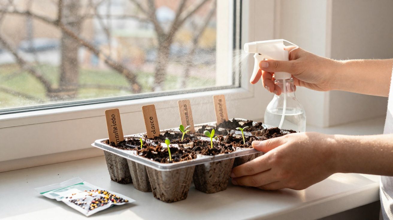 Mãos regando mudas em recipiente com etiquetas de plantas na janela, sementes ao lado.