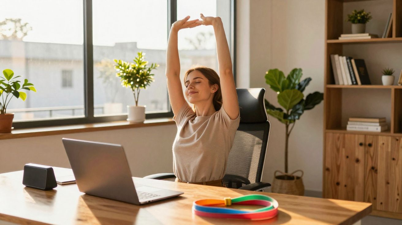 Mulher sentada em cadeira de escritório, esticando os braços e sorrindo, com laptop e plantas ao redor.