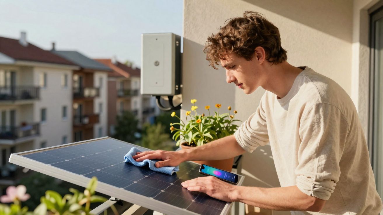 Homem limpando painel solar em varanda com roupa clara e celular apoiado no painel.