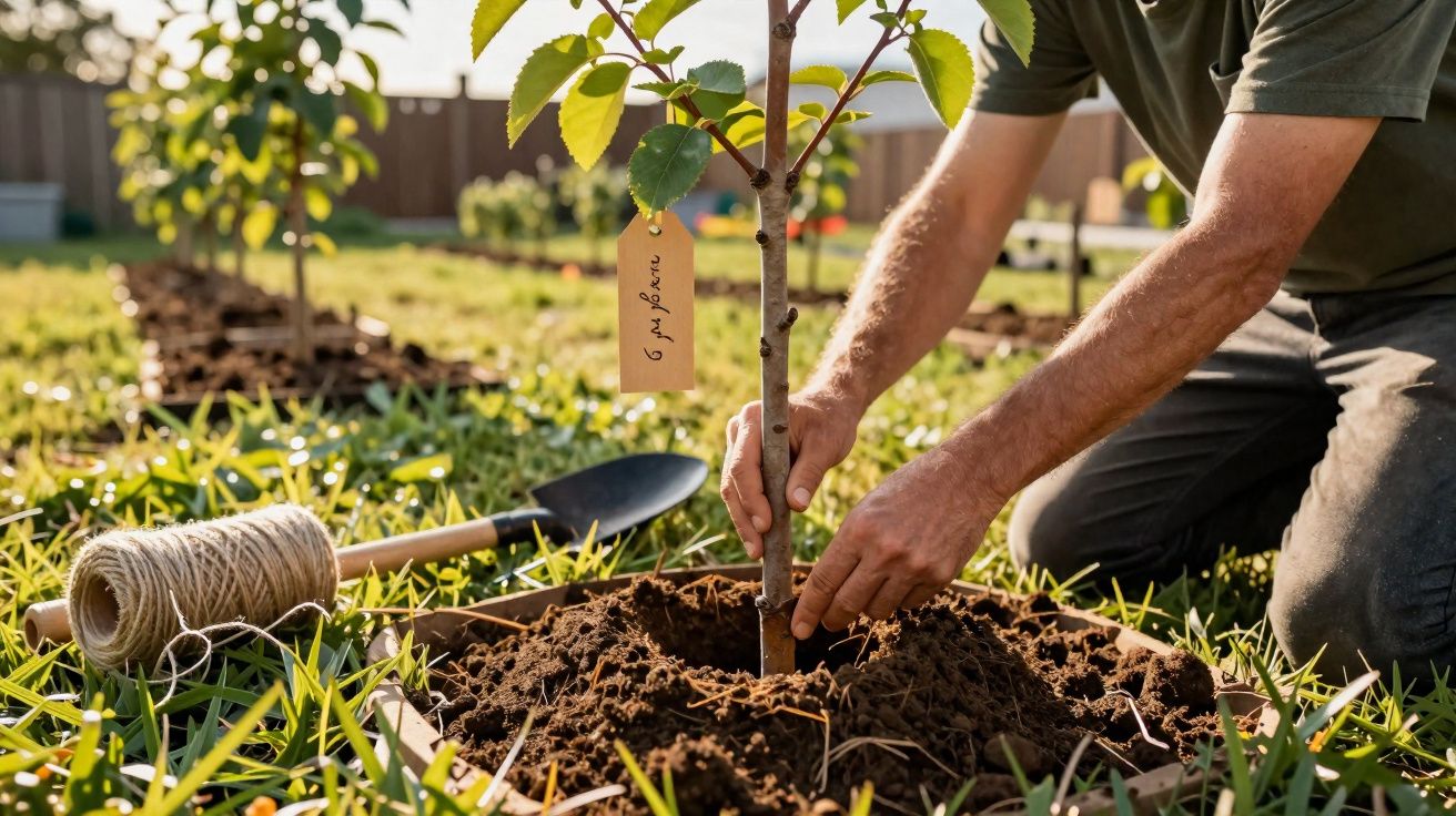 Pessoa plantando muda de árvore em solo fértil, com pá e corda ao lado em gramado ensolarado.