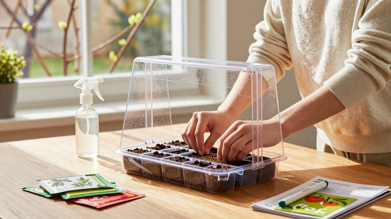 Mãos plantando sementes em bandeja com terra e mini estufa em mesa de madeira perto de janela iluminada.