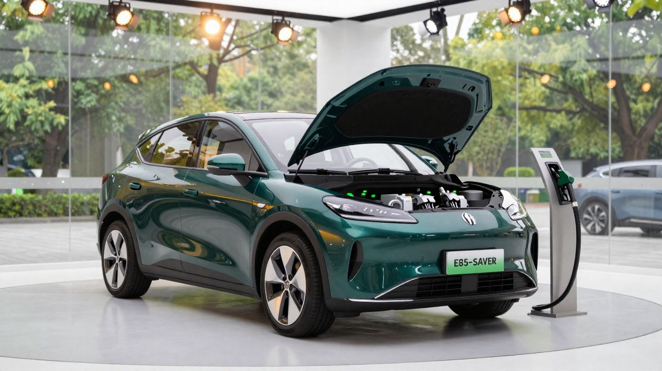 Carro elétrico verde com capô aberto em estação de carregamento exposto em showroom moderno.