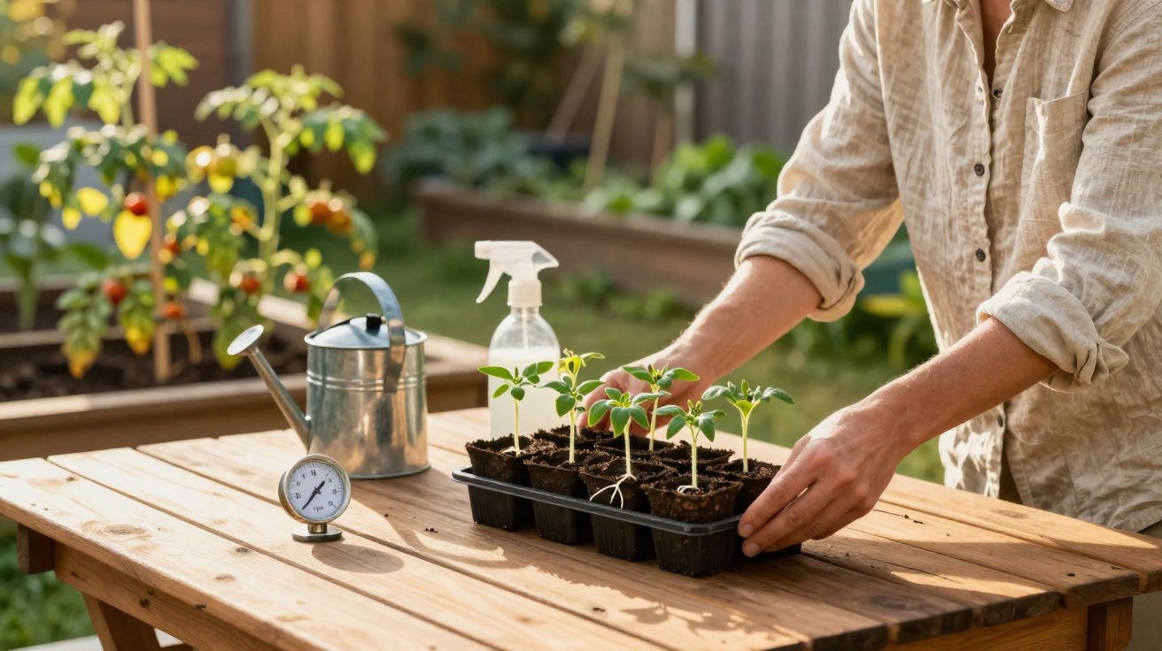 Pessoa cuidando de mudas em bandeja de plástico sobre mesa de madeira em jardim ensolarado.