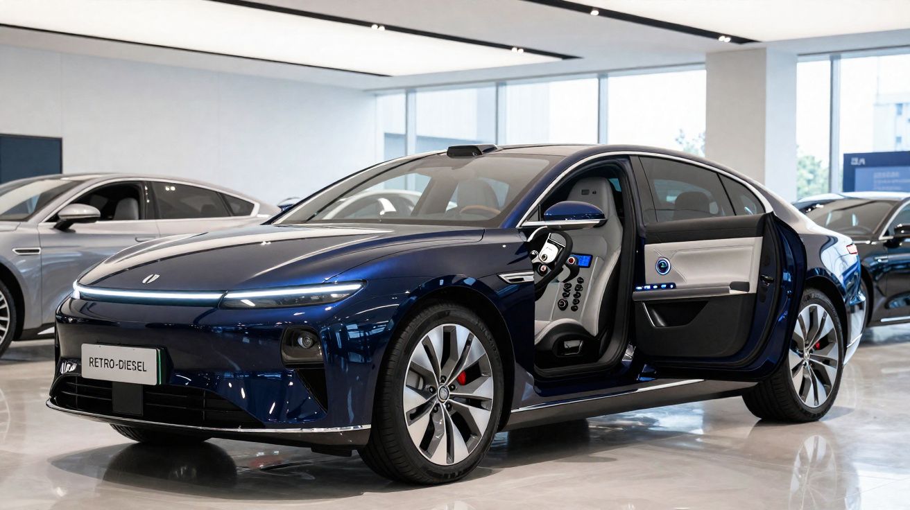 Carro elétrico azul com portas abertas em showroom moderno e iluminação clara.