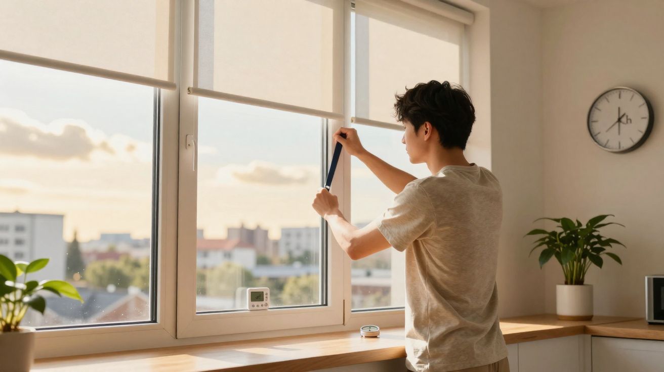 Jovem abrindo a persiana de uma janela em ambiente interno com plantas e relógio na parede.